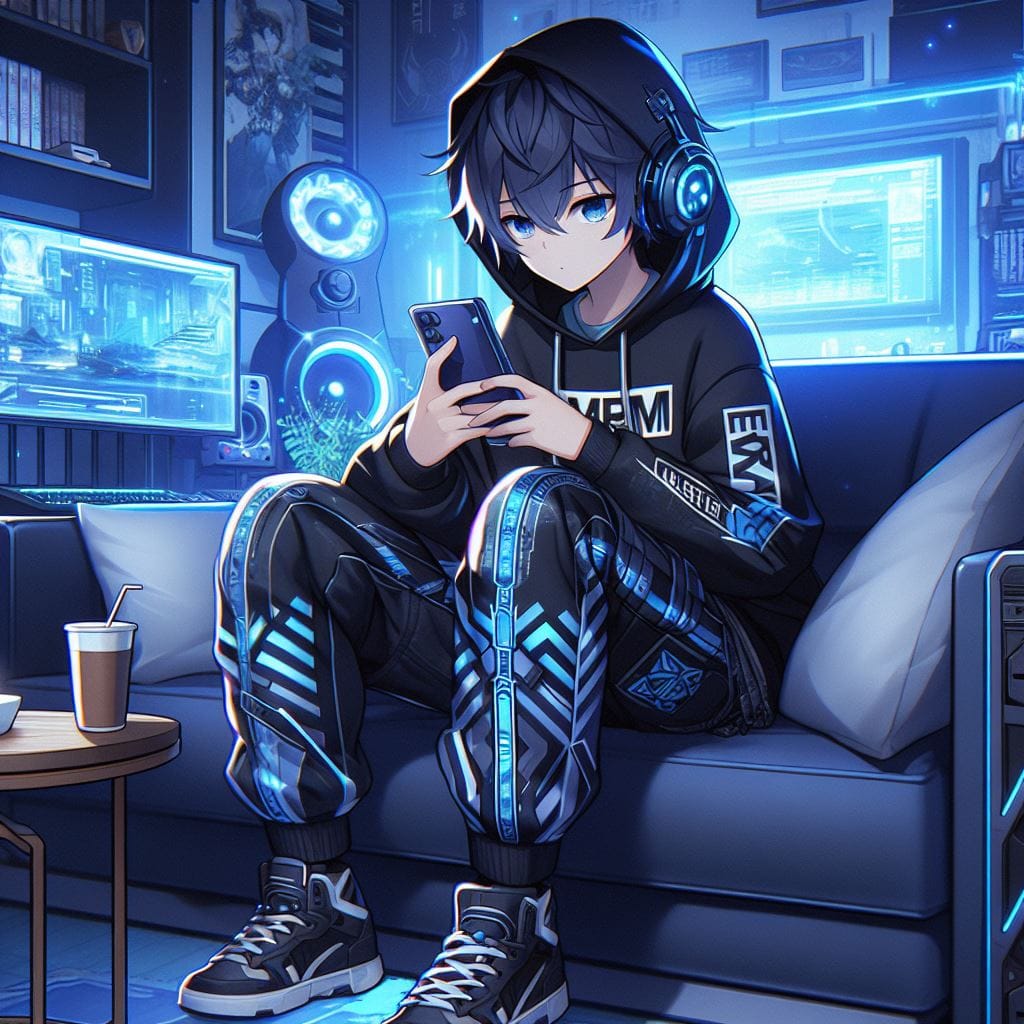 A Anime boy sitting on a couch, engrossed in their smartphone. They are wearing ...