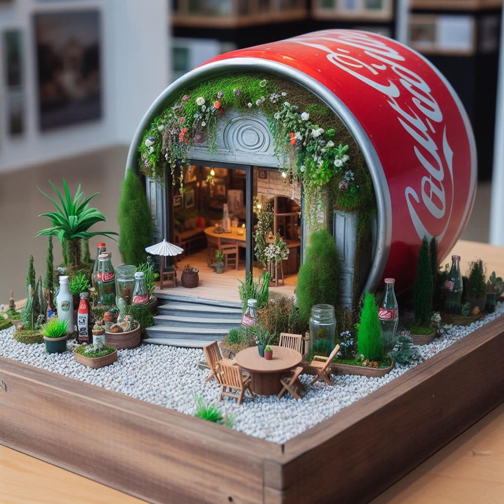 A miniature model of a luxury hotel creatively Made from a coca-colacan decorate...