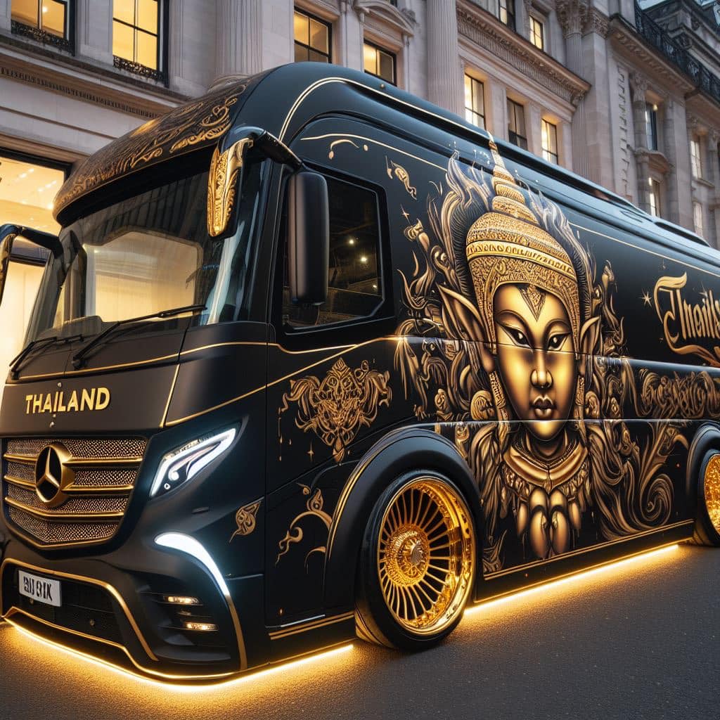 Black Mercedes bus with gold trim, 32-inch gold rims, and black and gold neon li...