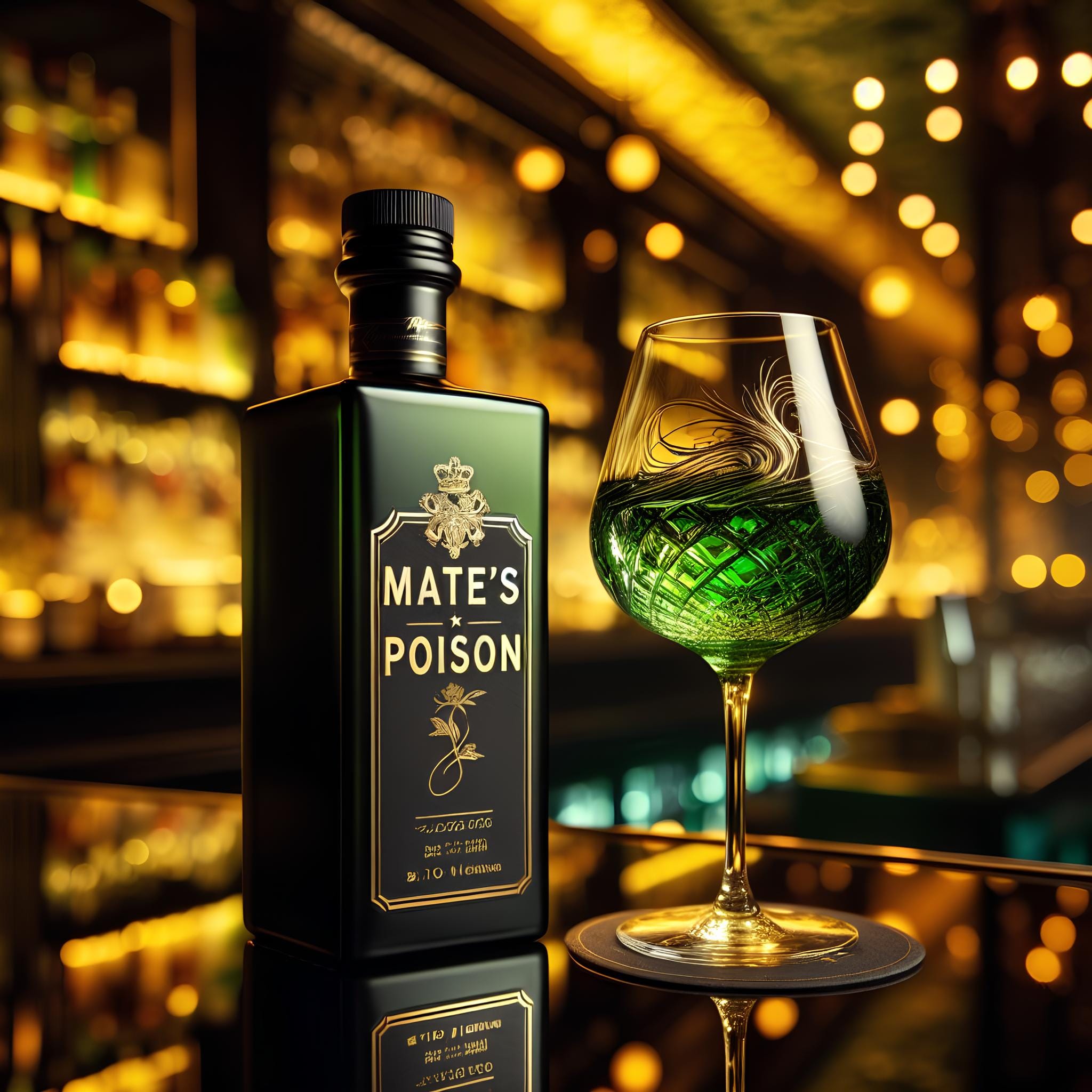 Choose your poison  

on top of a black countertops of an exquisite liquor bar, ...