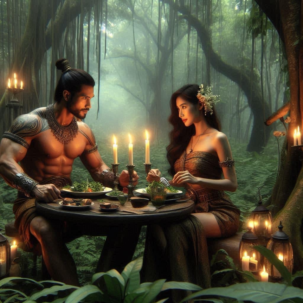 "Enchanting Encounter: A Romantic Dinner in the Forest of a Thai Warrior Man and...