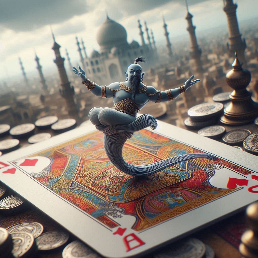 Flying Carpet"
 Close-up, photo, hyperrealism, old genie on a playing card desig...