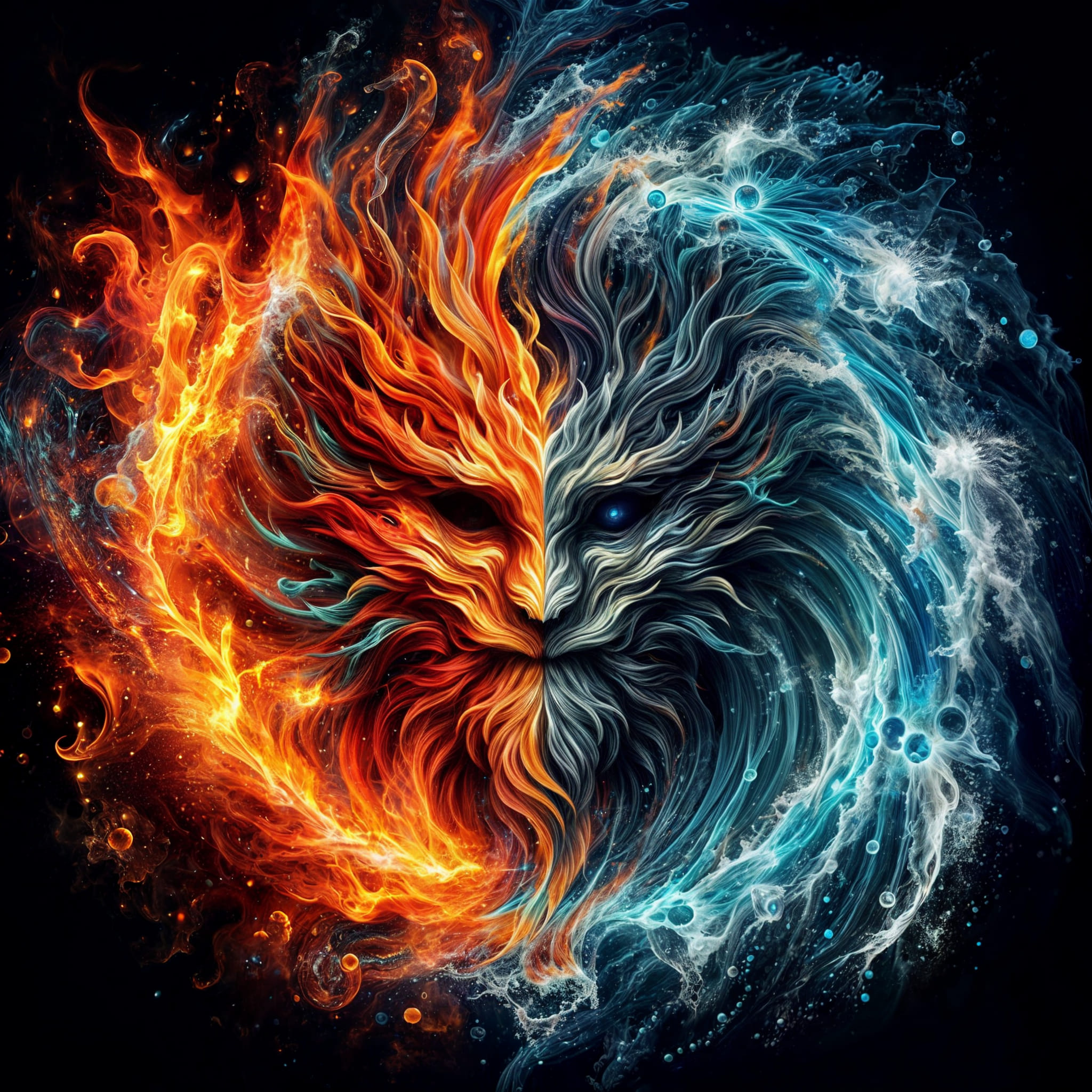 Generate an image of a mythical creature that embodies the elements of fire and ...