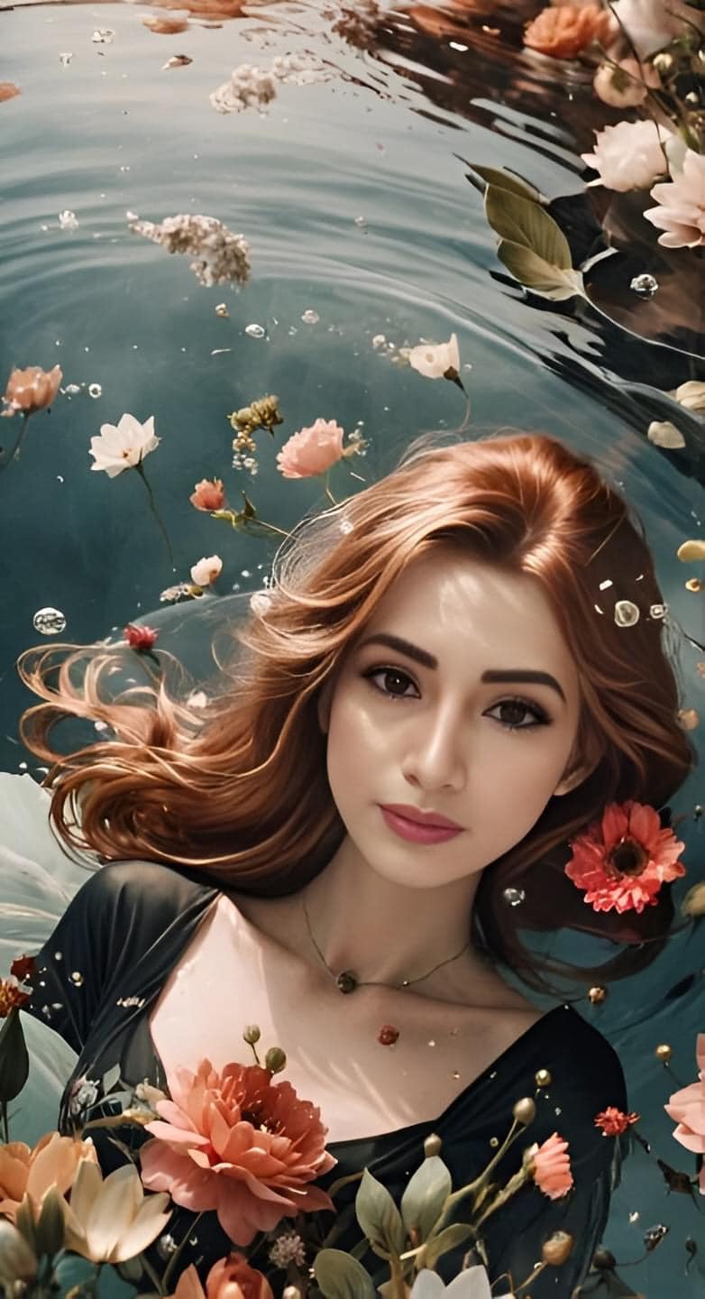 Model submerged in a pond of water, with a background of flowers, inside a smart...