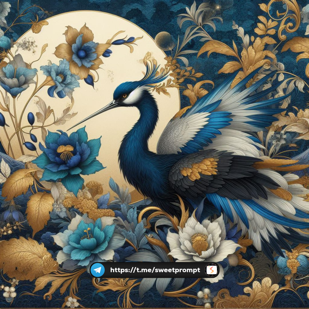 PROMPT: Animal surrounded by blue flowers and golden plants abstract art, blue ...