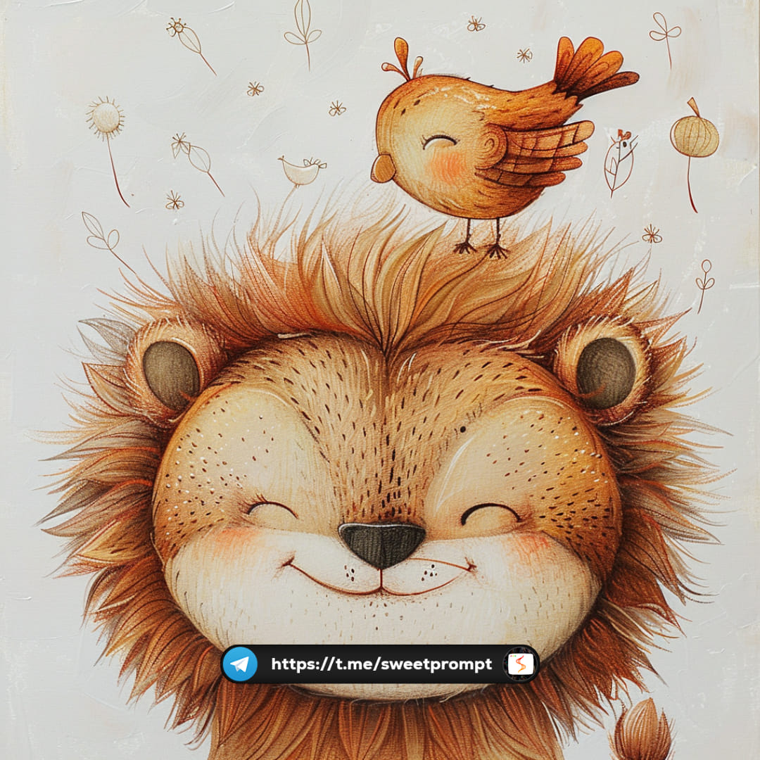 PROMPT: Small joyful lion with a bird on its head by joey moya, in the style of...