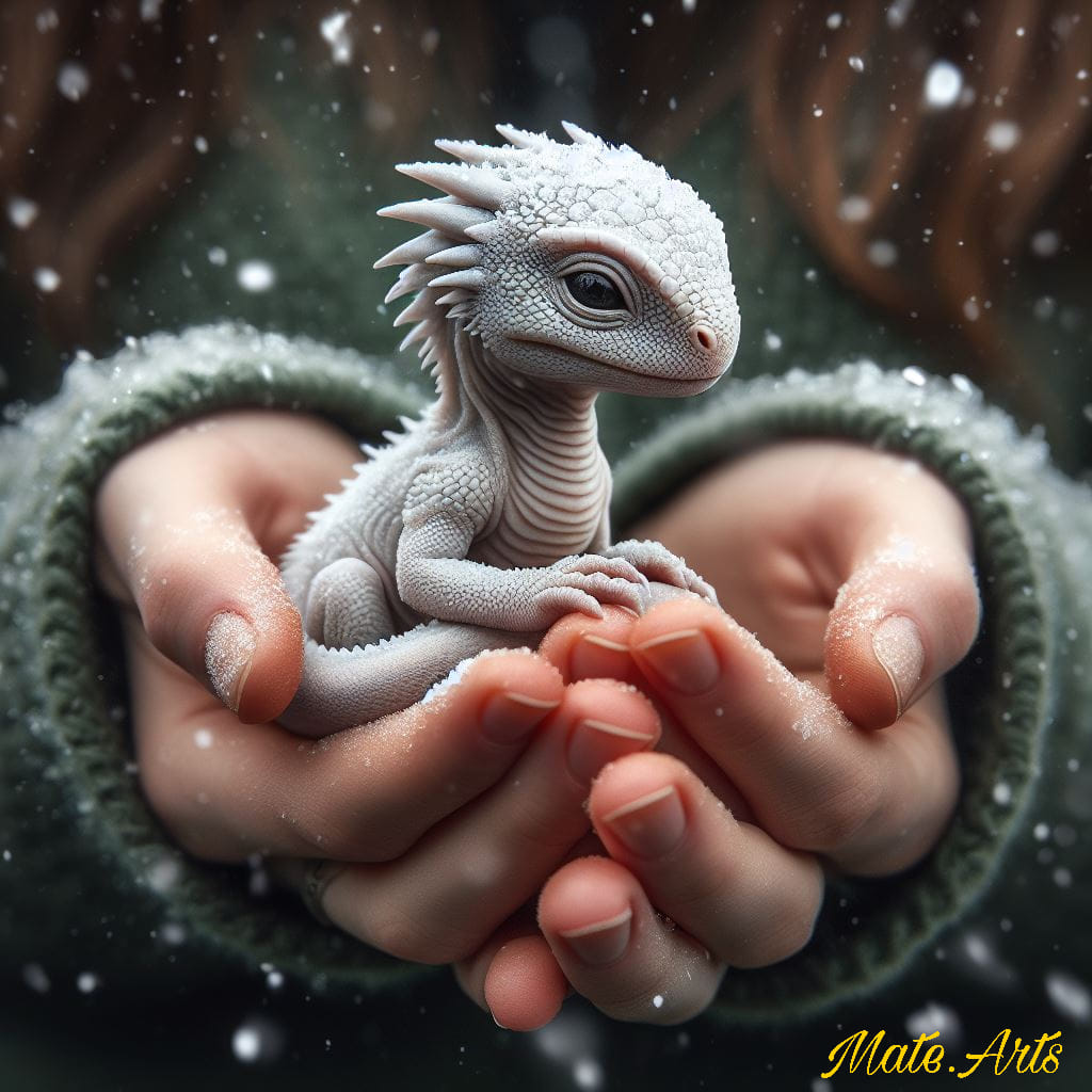 Prompt:

Someone holding a cute little snow dragon in their hands, newly hatched...