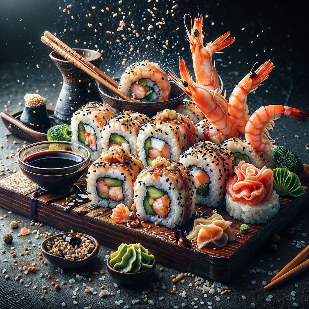 Quality photo of California sushi set, shrimp rolls, sesame seed sprinkles are f...