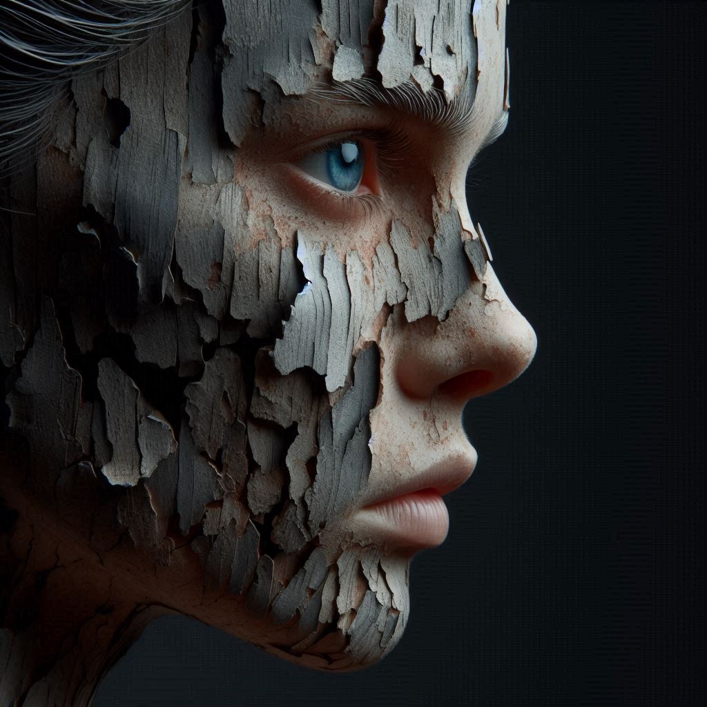 Side view of a female face all made of a cracked, rotten piece of wood, blue eye...