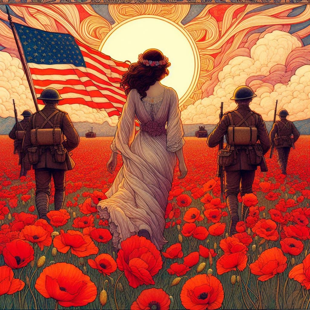 Silent fields of red,
 Heroes' valor, poppies bloom,
 Sunset's solemn thread.
 #...