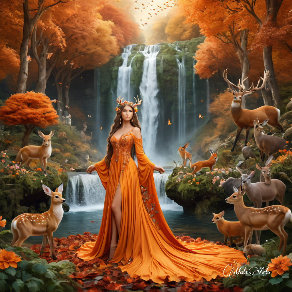 Supenatural fantasy, a beautiful goddess with long hair stands in the center of ...