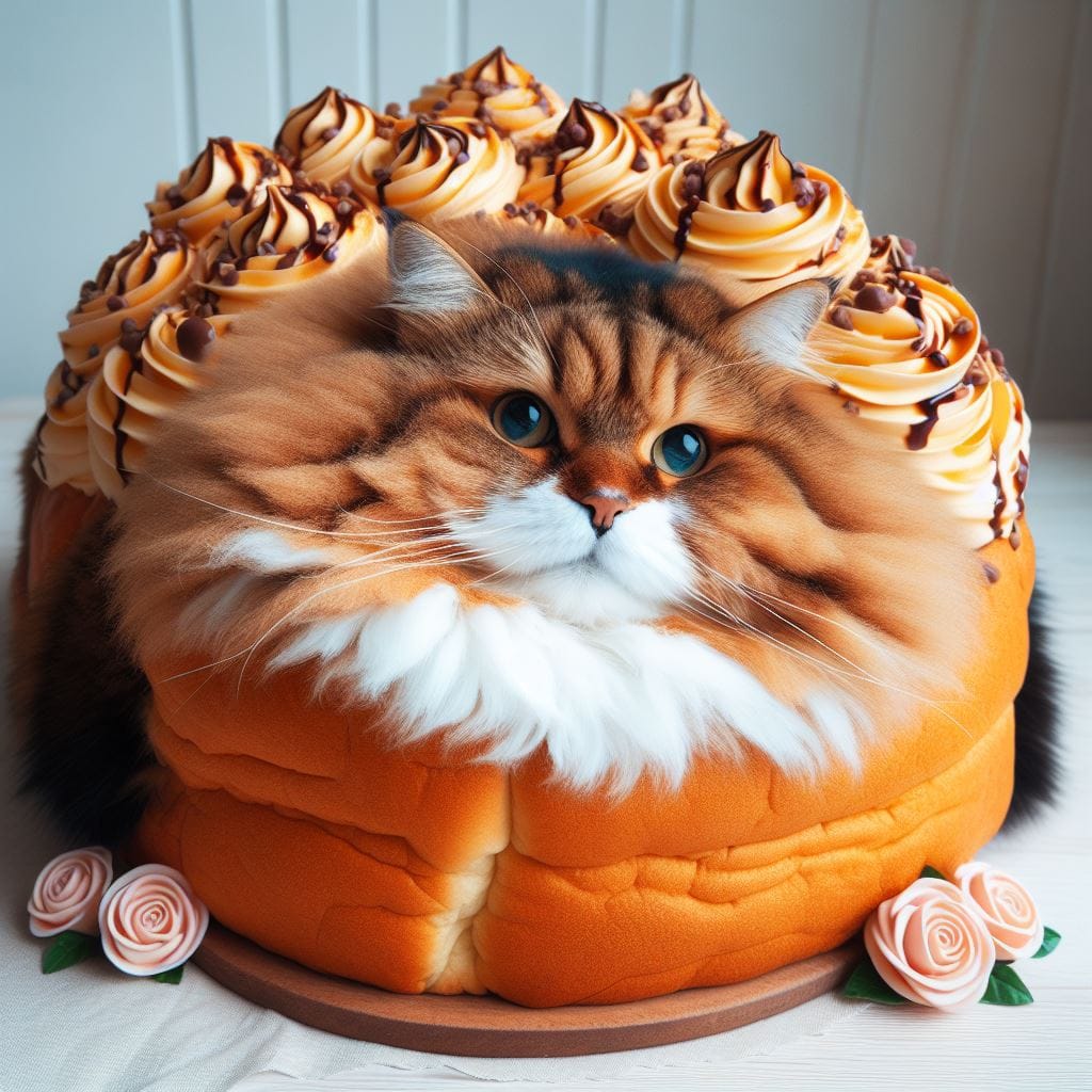 big round chonky fluffy chocolate chip cream caramel swirl tiramisu loaf cat