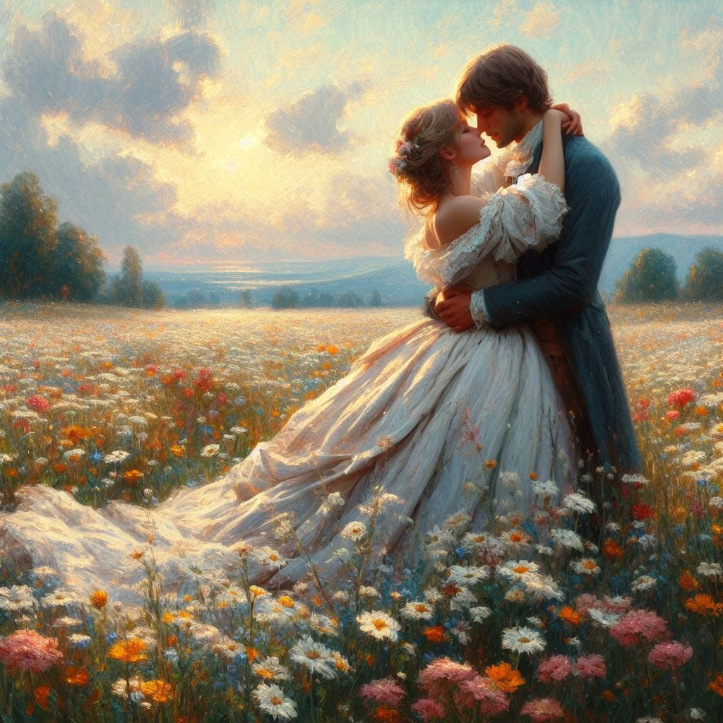 painting of a couple embracing in a field of flowers, sensual painting, sakimi, ...