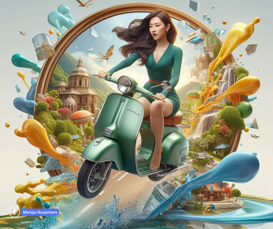 prompt : A beautiful 20-year-old Indonesian woman riding a green Vespa jumping ...