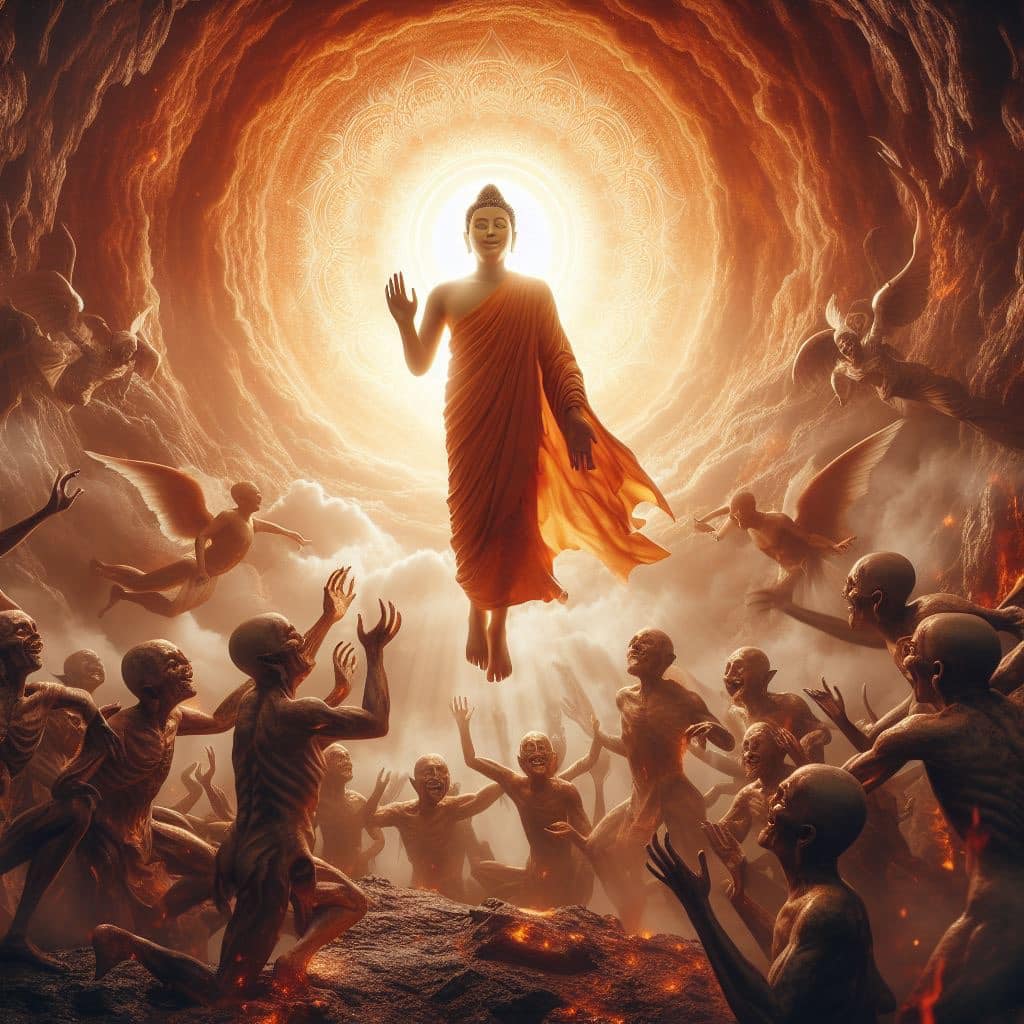 surreal a hyper-realistic Cinematic shot full body of Buddha walking up from hel...