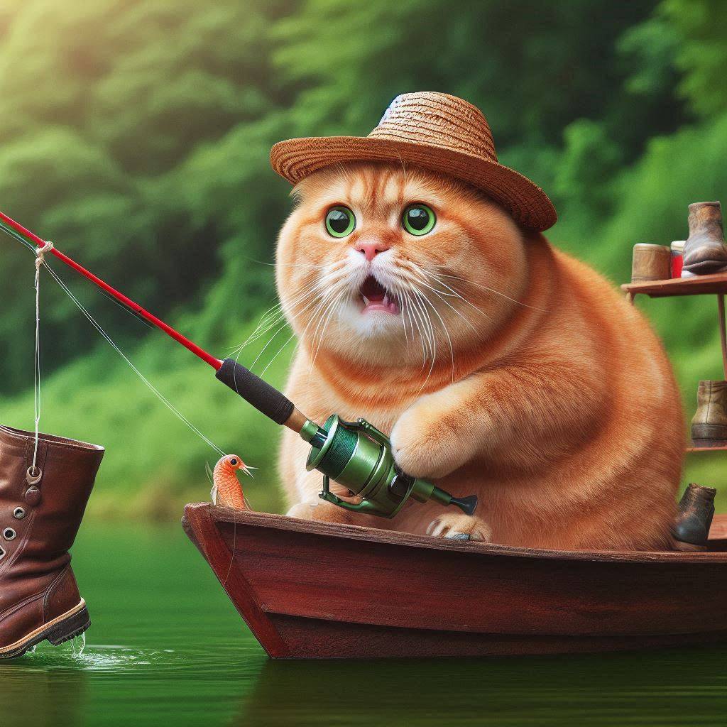 3292. PROMPT: A fat orange cat wearing a fisherman hat's is sitting on a small w...