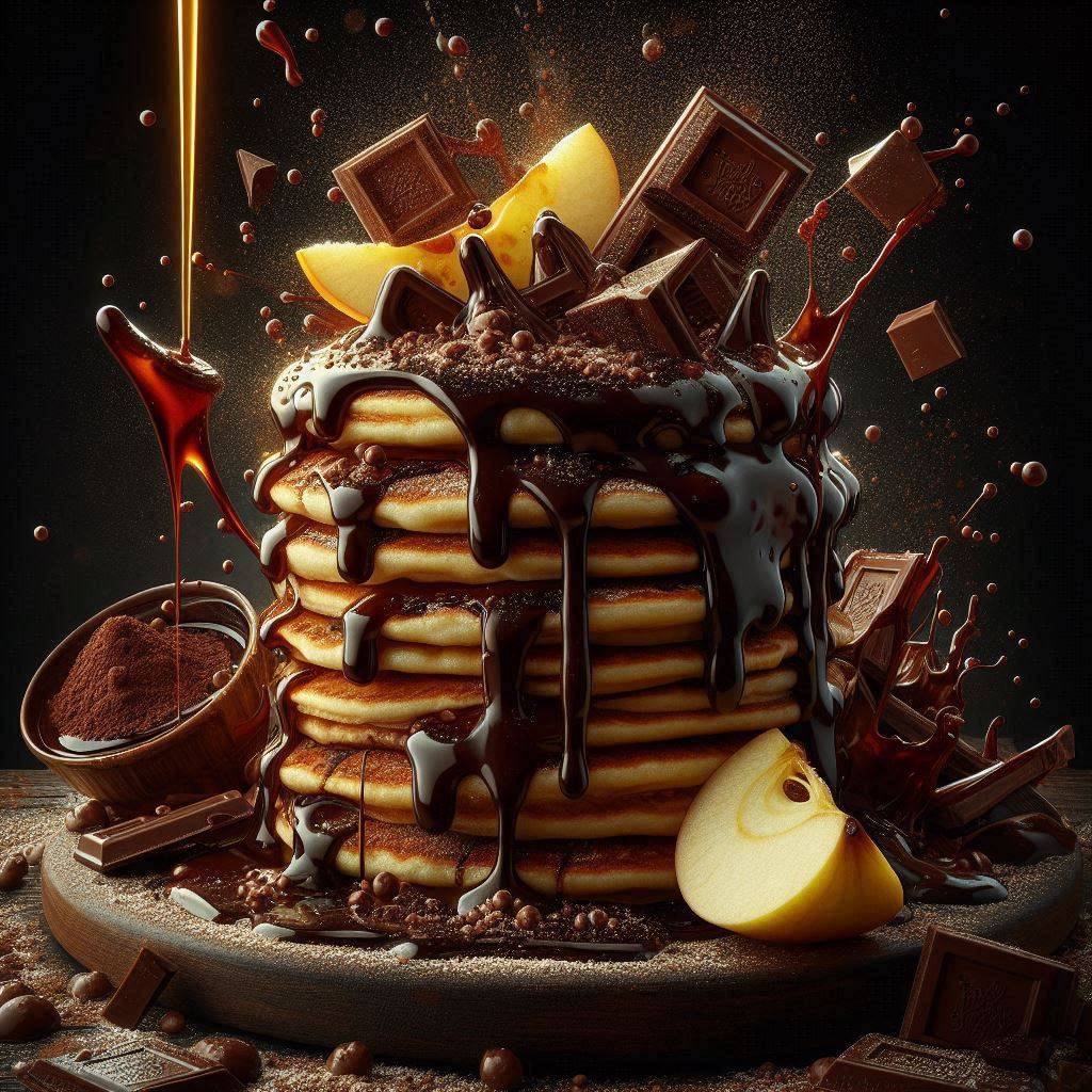 Chocolate explosion, juicy and bright chocolate on apple pancakes with golden ma...