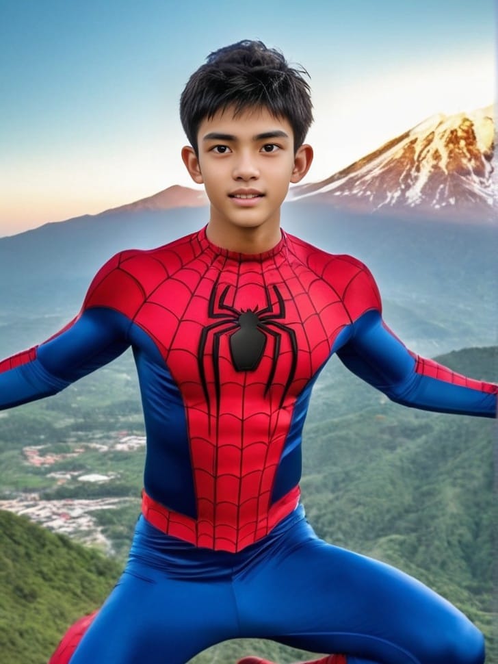 Cosplay jadi spider man 
 .
 .
 .
 .prompt 
 .handsome, muscular Indonesian youn...