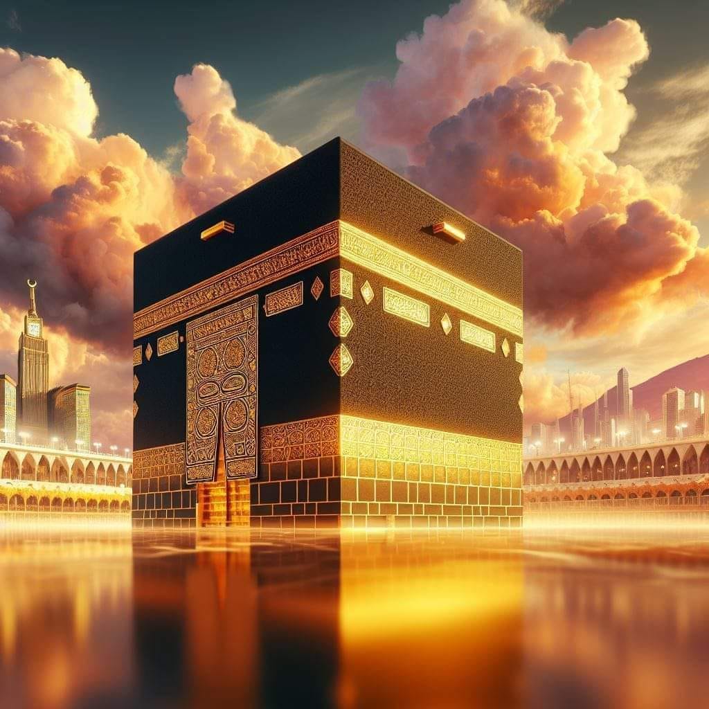 Create a hyper realistic image of a golden khana e kaaba, with holy Quran , ultr...