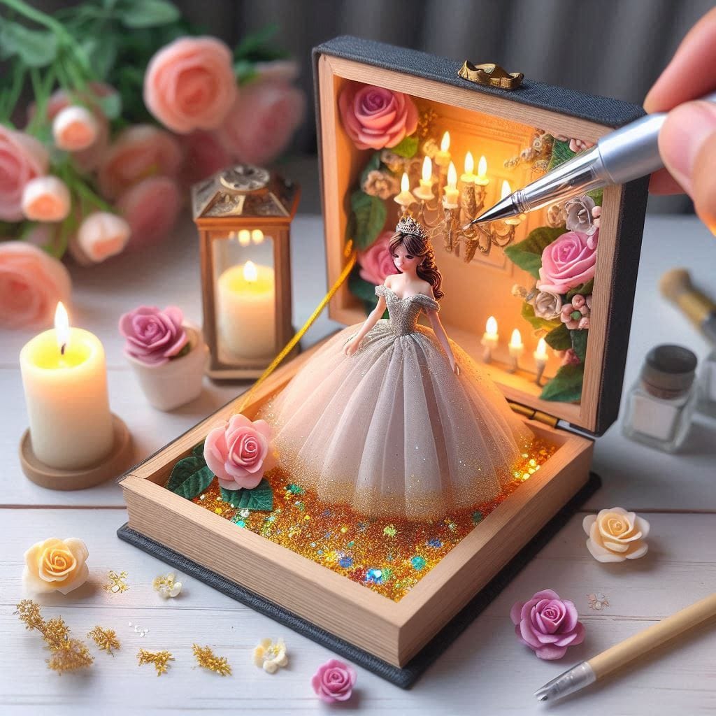 Create a superrealistic open tiny wooden box with a candle and a rose on a white...