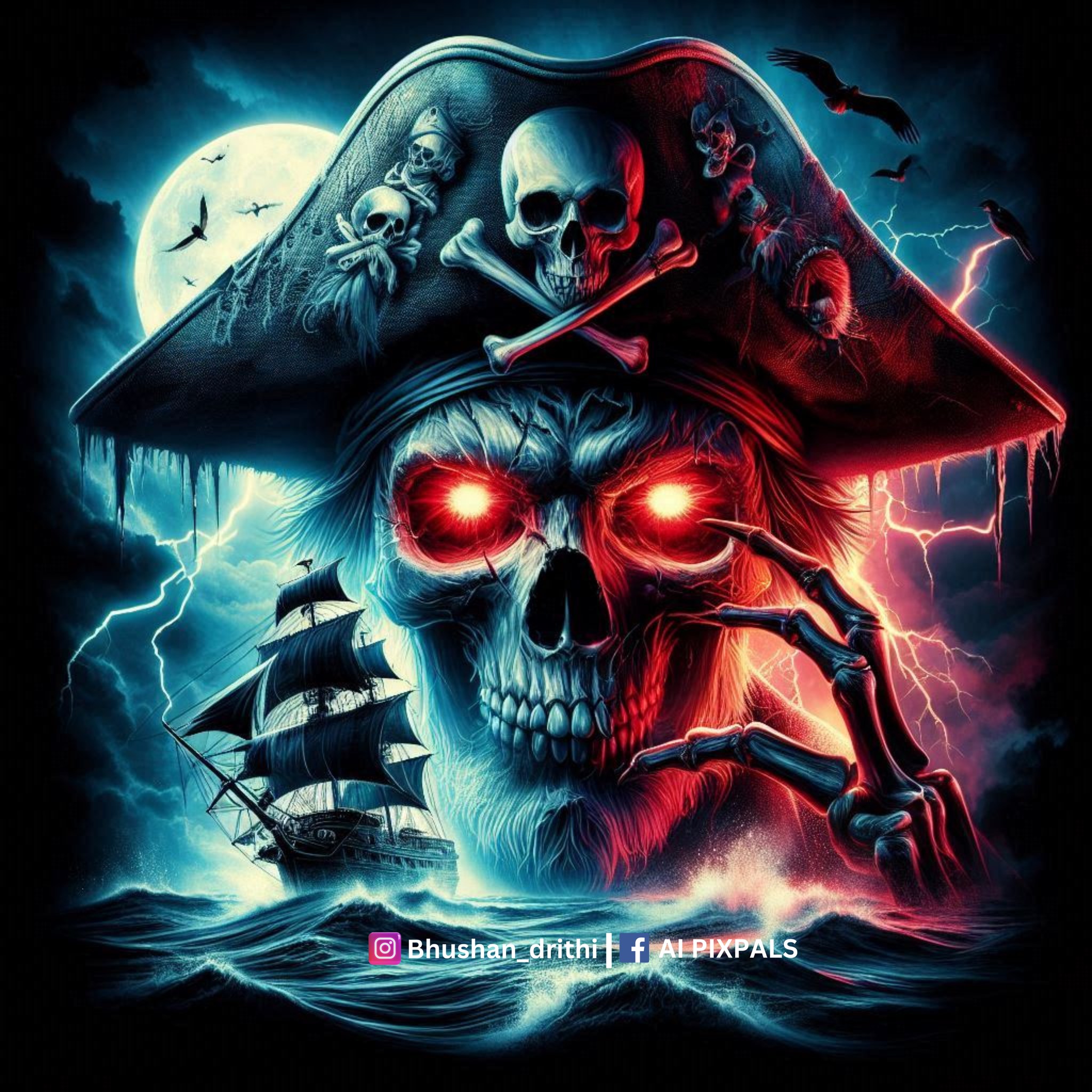 ** Haunting pirate specter with glowing red eyes, ghostly ship within, and storm...