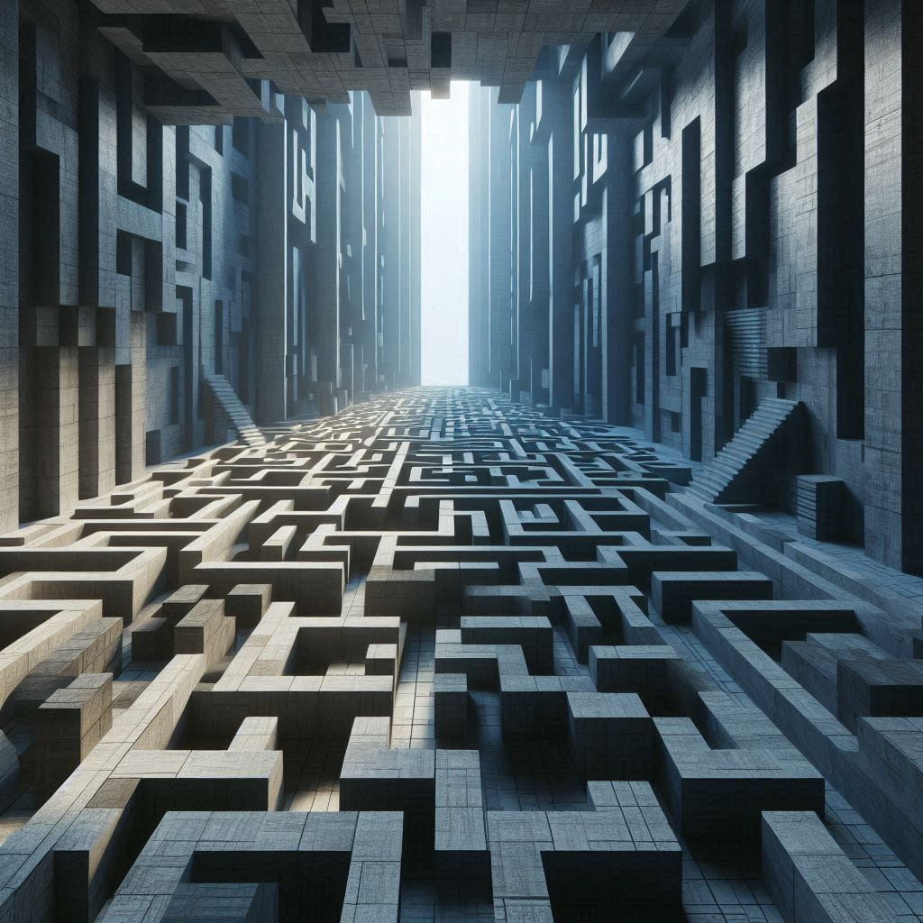Illustrate a mysterious labyrinth where the walls seem to shift and change, conf...