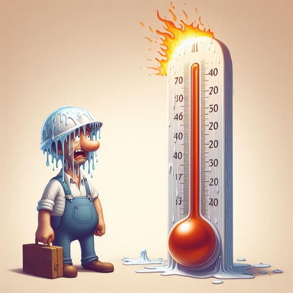 It's a bit warm 
 Prompt:
 have a whimsical caricature of a working man melting ...