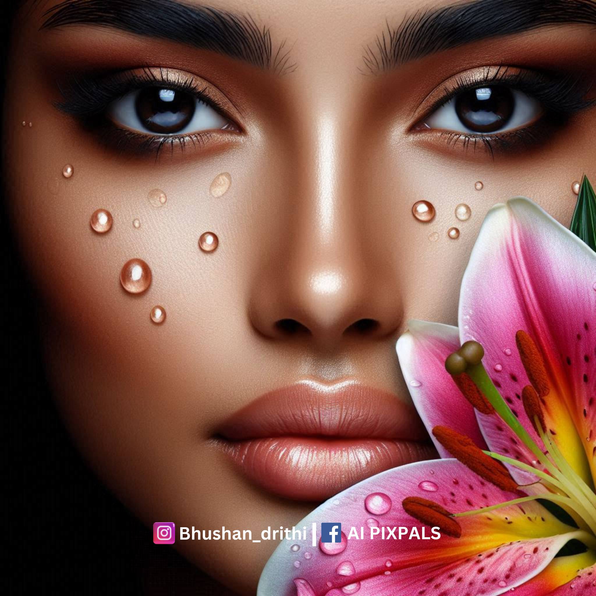 ** Models of diverse complexions, adorned with flowers, glisten as water droplet...