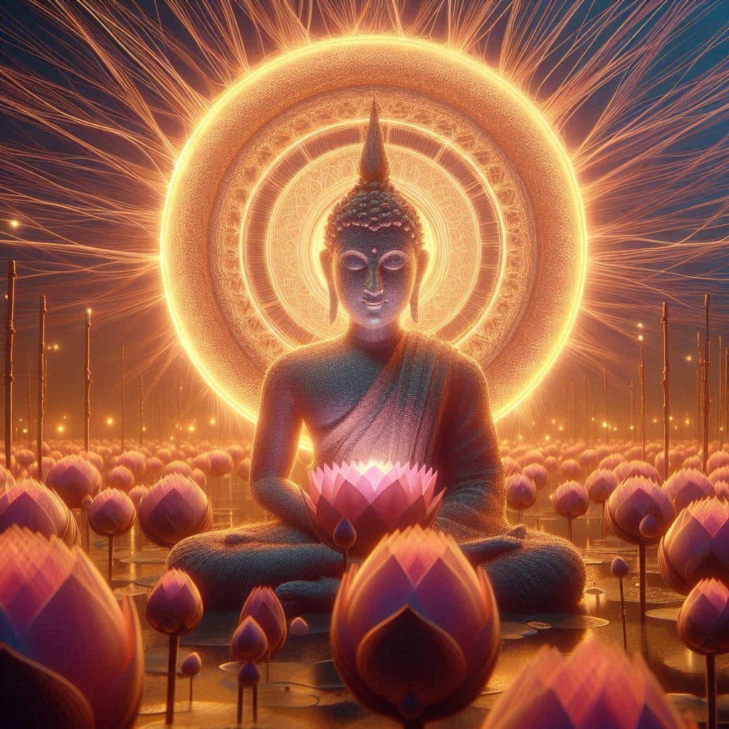 Prompt: Create a 3D Digital Buddha image using light and fibers. Appears with an...