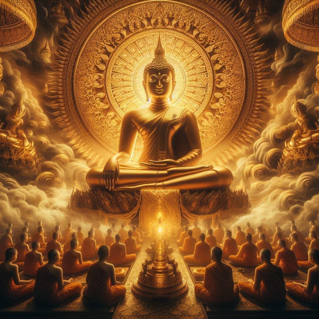 Prompt: Create a high quality golden Thai art Buddha image with a beautiful patt...