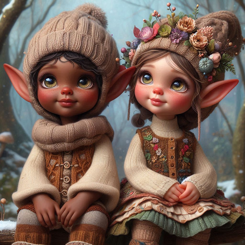 Prompt: hyper realistic, whimsical, story book ilustration. two whimsical elf ch...