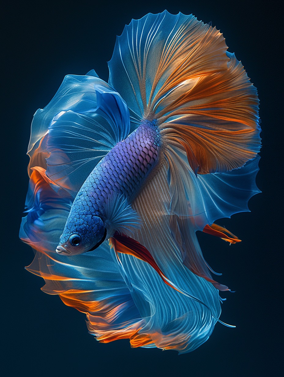 #midjourney : A stunning Sapphire Blue and Orange Betta Fish with fins made enti…