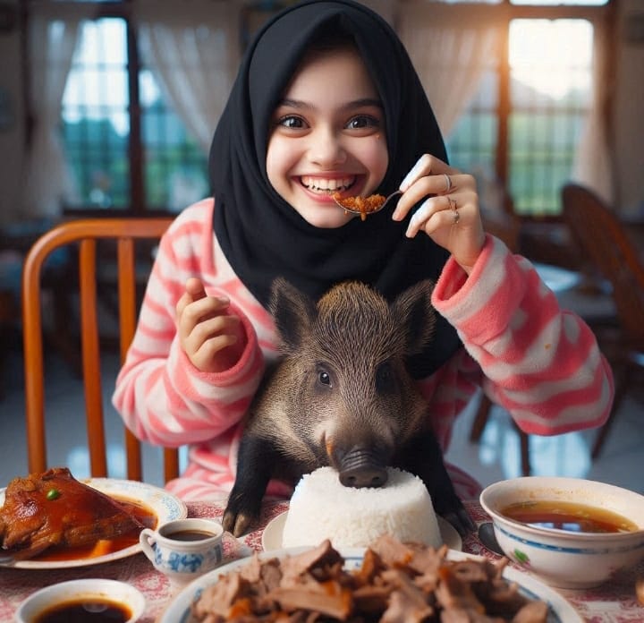 une belle fille, vêtue de pyjamas avec un hijab noir, souriante, assise sur une ...