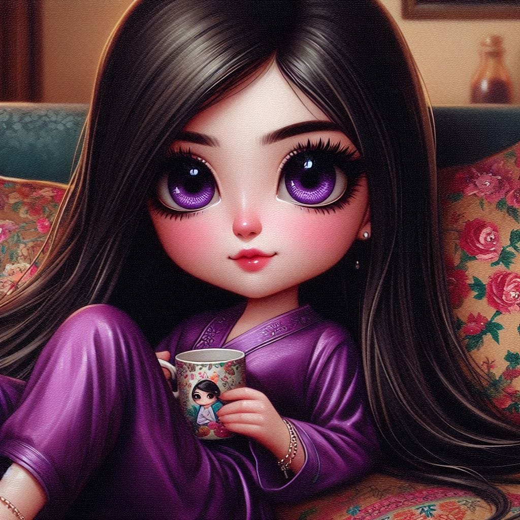 A girl relaxing on a couch, wearing a purple silk suit .She has long, sleek blac...