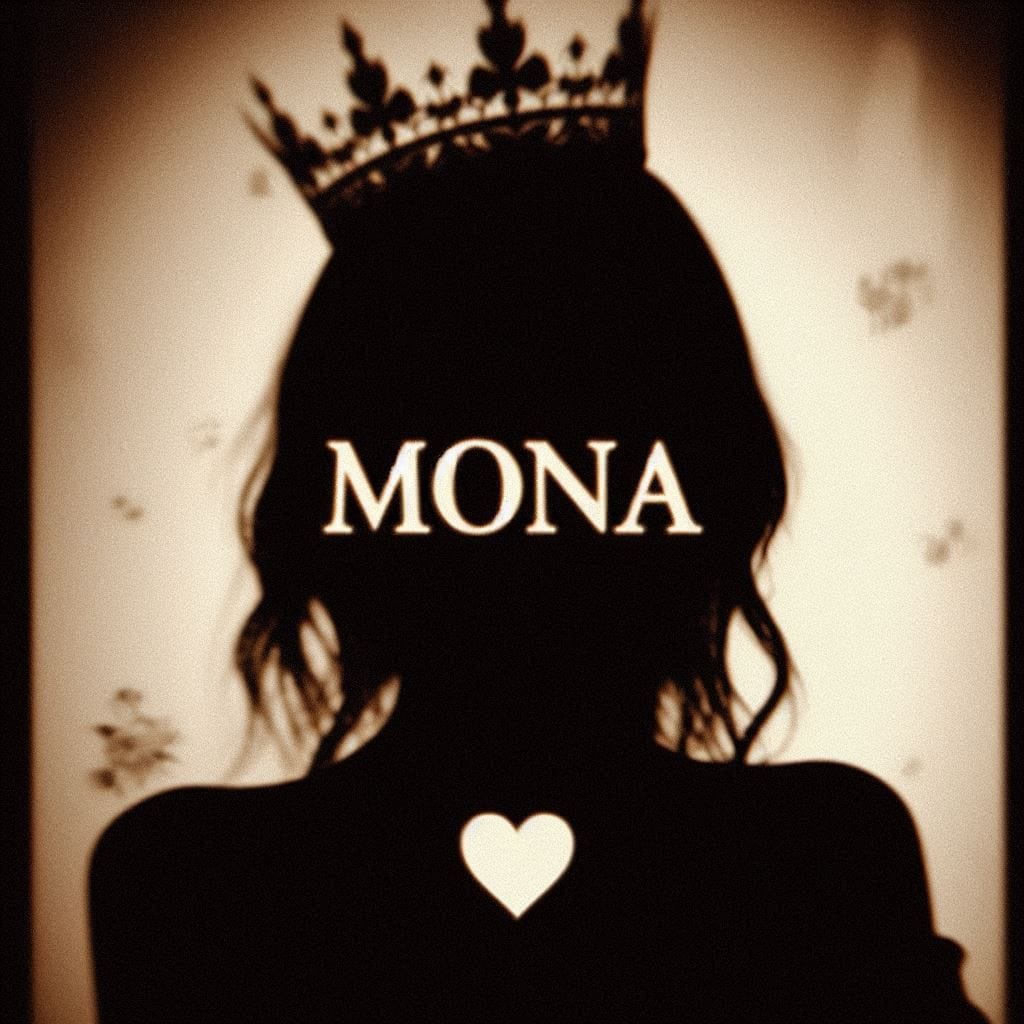 A silhouette of a woman wearing a crown, with the name "MONA" and a heart symbol...