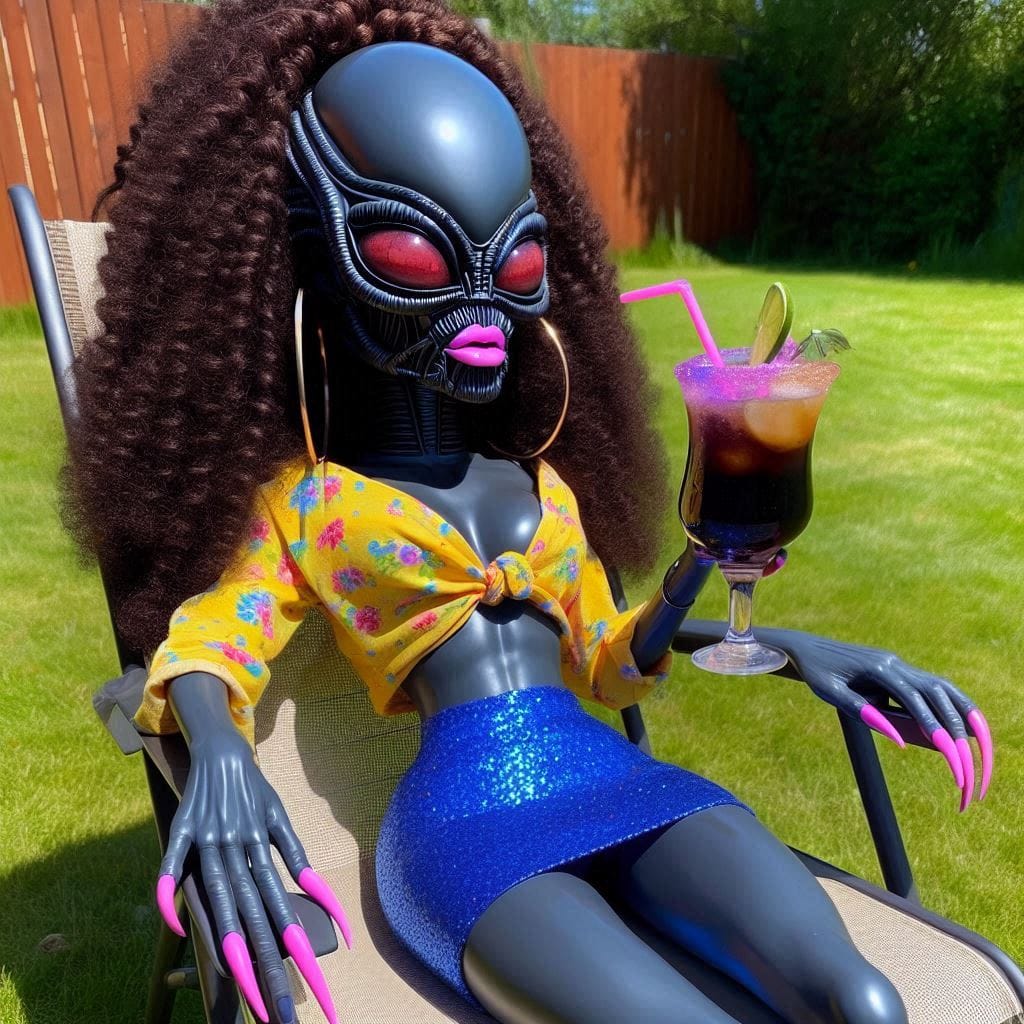 Improved by Bartłomiej Tutaj 
 CGI cartoonish tall black lady version of a xenom...