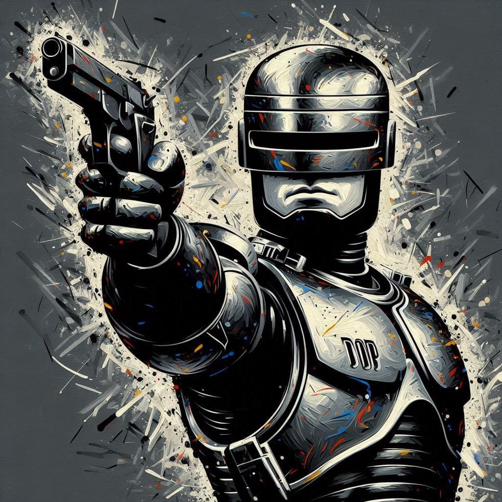 Nostalgia robocop dengan gaya lukisan pollock
 Prompt : Buat lukisan robocop men...