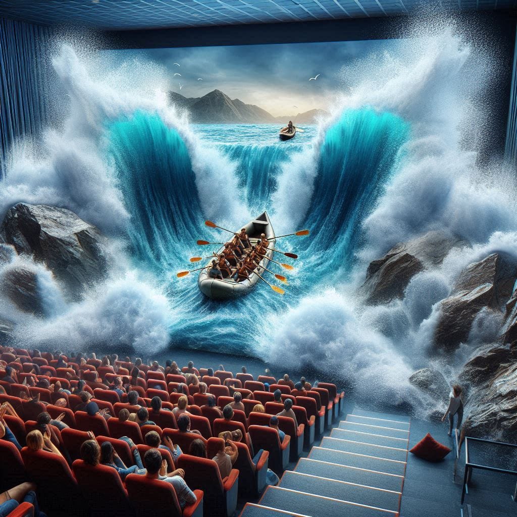 "Una imagen realista de una sala de cine con un río dramático con rápidos chocan...