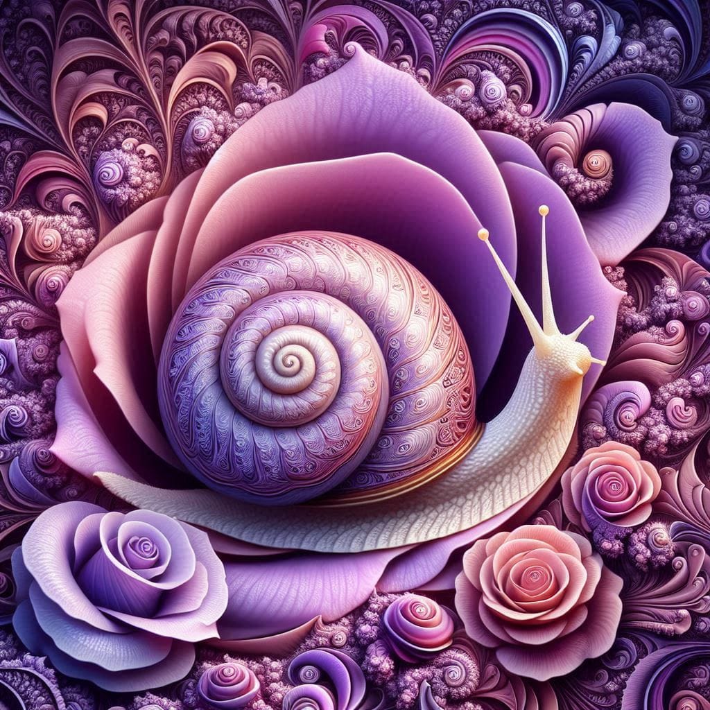 huge snail in the style of Aida Zamora among the petals of a magical lilac rose,...