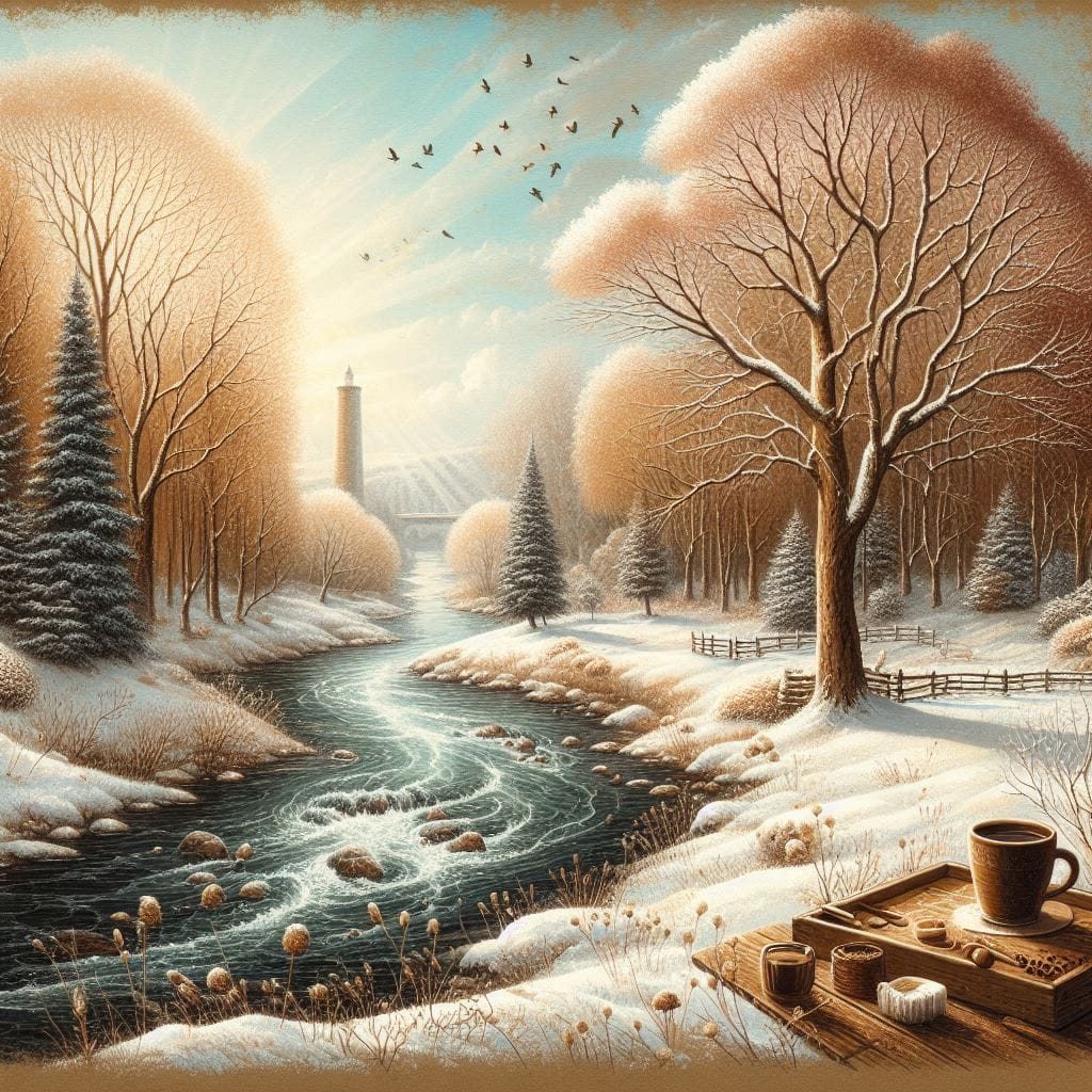 spring landscape with River and snow in coffee technique