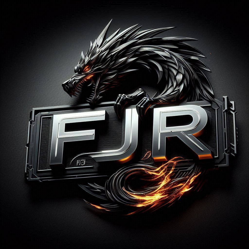 Design logo the text "FJR" is silver chrome with black strokes on a futuristic b...