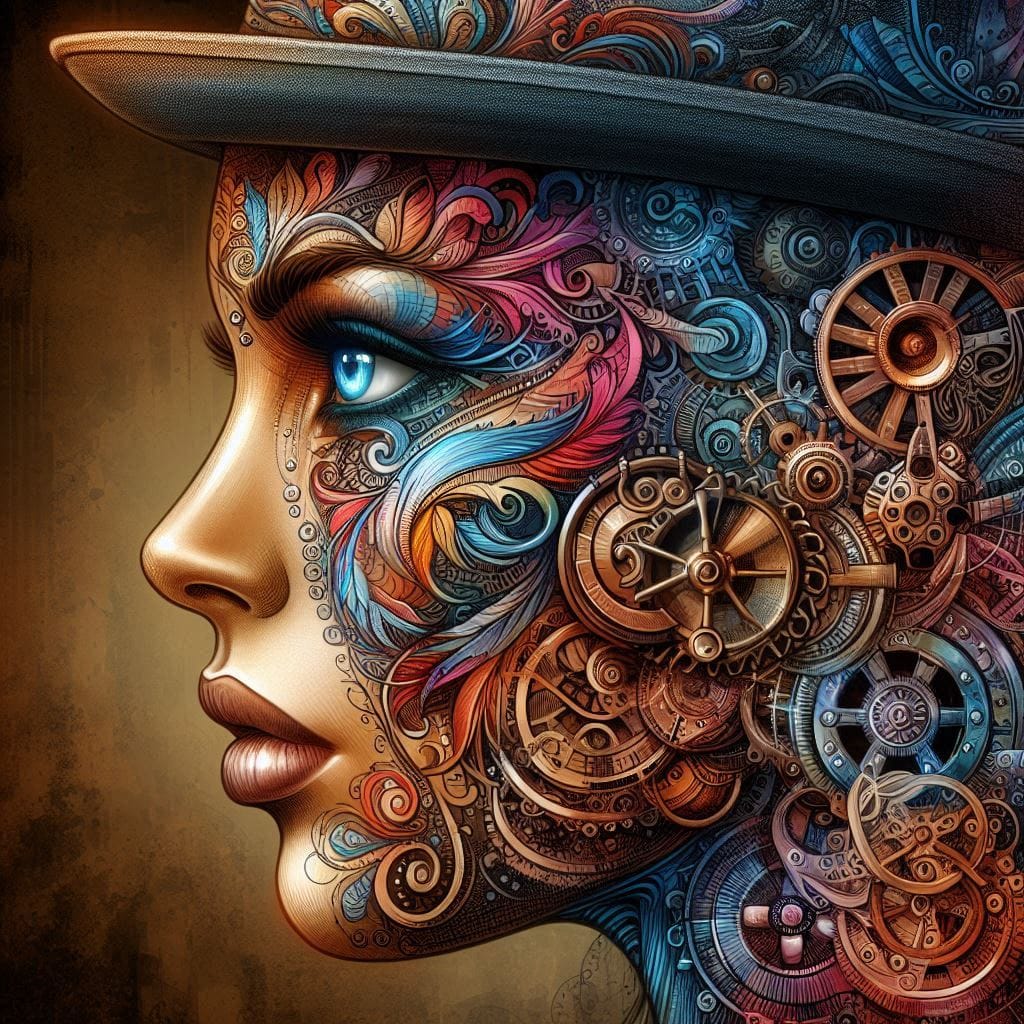 Prompt 

Artwork of a woman's face in detailed and vibrant profile. He wears a h...