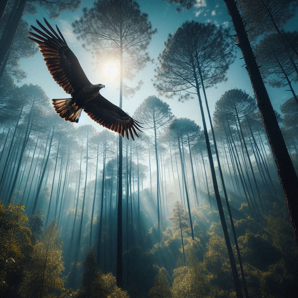 Prompt:
'Capture a majestic eagle soaring gracefully above a dense forest of tal...