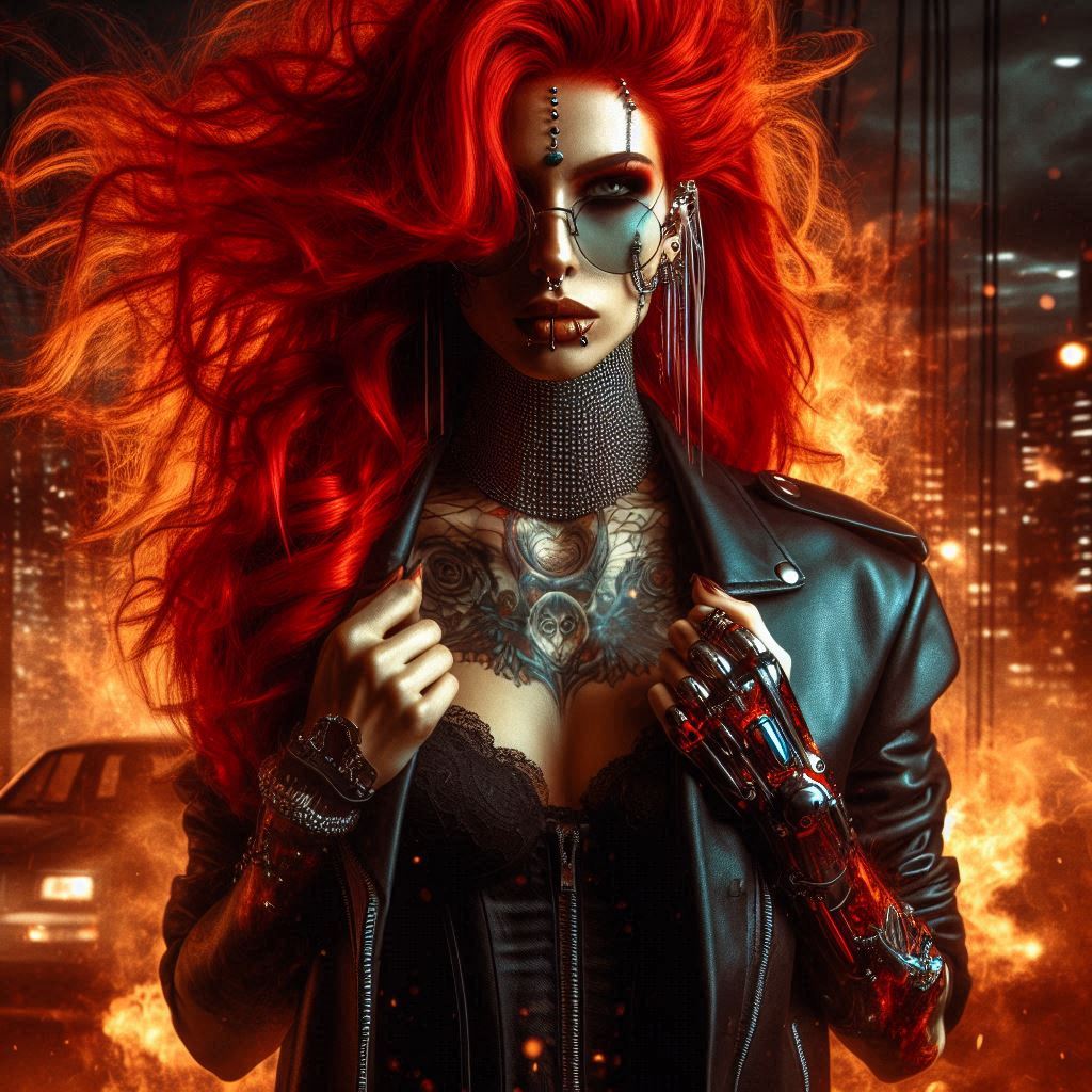 Prompt: a female fierce character with fiery red hair, in the style of Molecular...