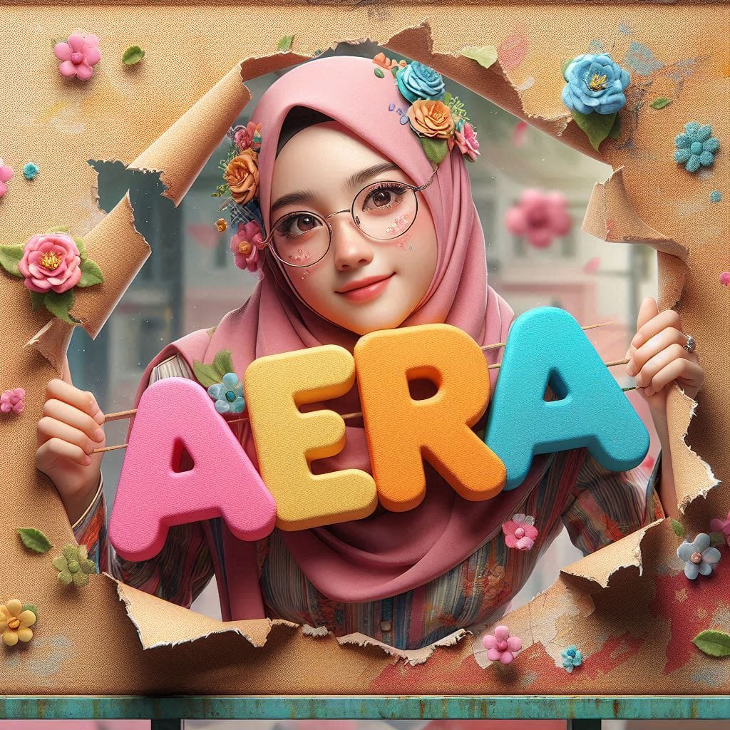 5d Manipulation, A cute Malay women on hijab holding colourfull 3D word name "...