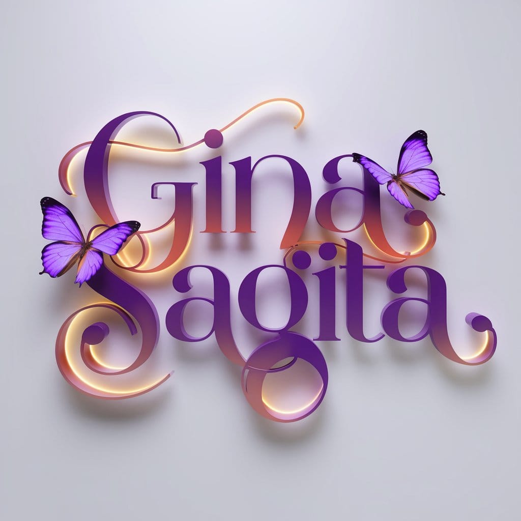 A 3D render of the name "Gina Sagita" in an elegant, swirling font. The warm pur...