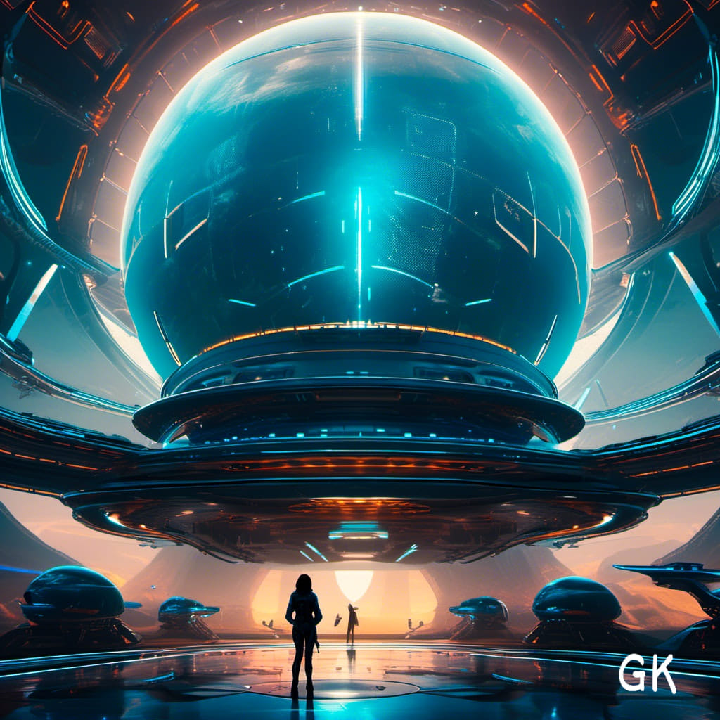 A futuristic space station looms in a massive, high-tech hangar, dominated by a ...