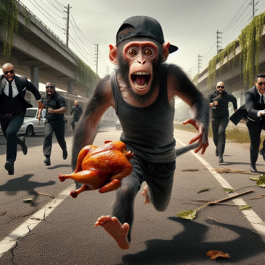 "A monkey wearing a backwards baseball cap and a tank top is running frantically...