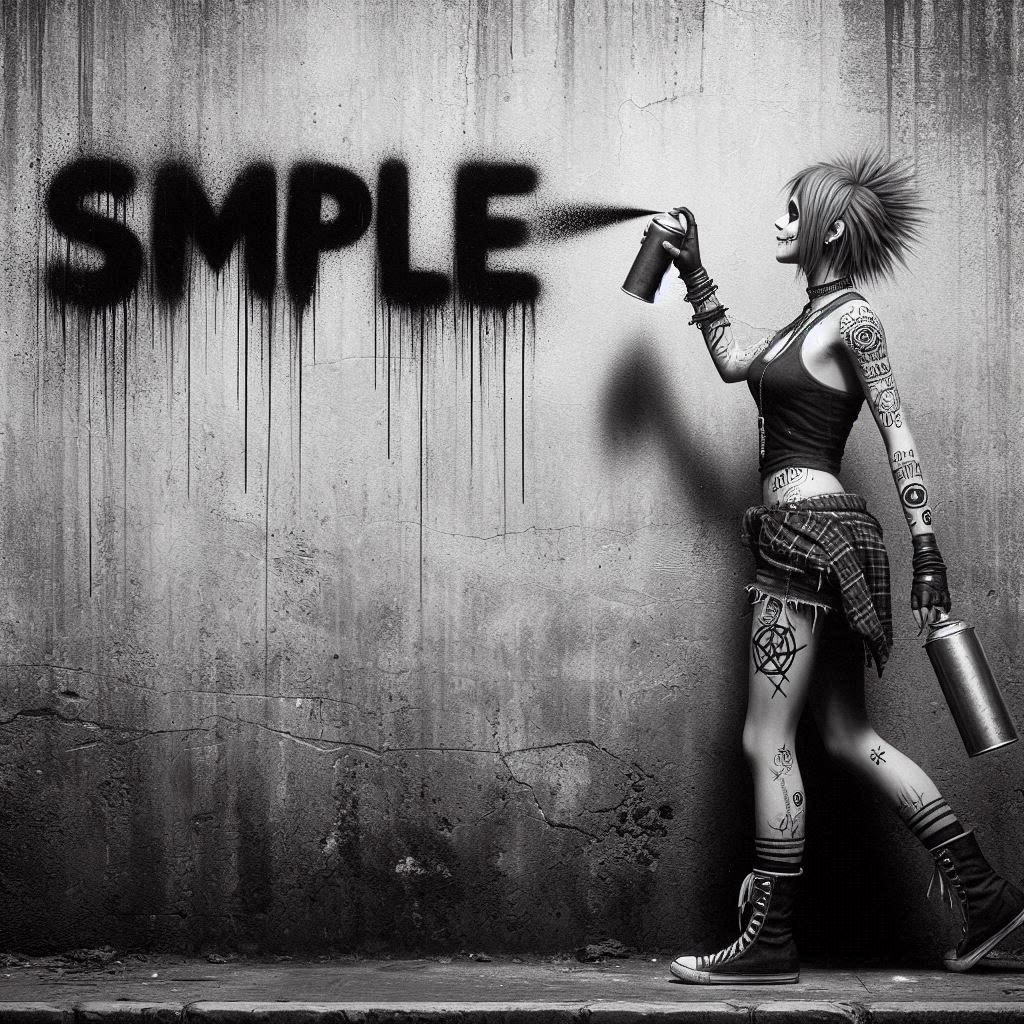 A punk woman is standing and spraying a wall with the text: "simple." The scene ...