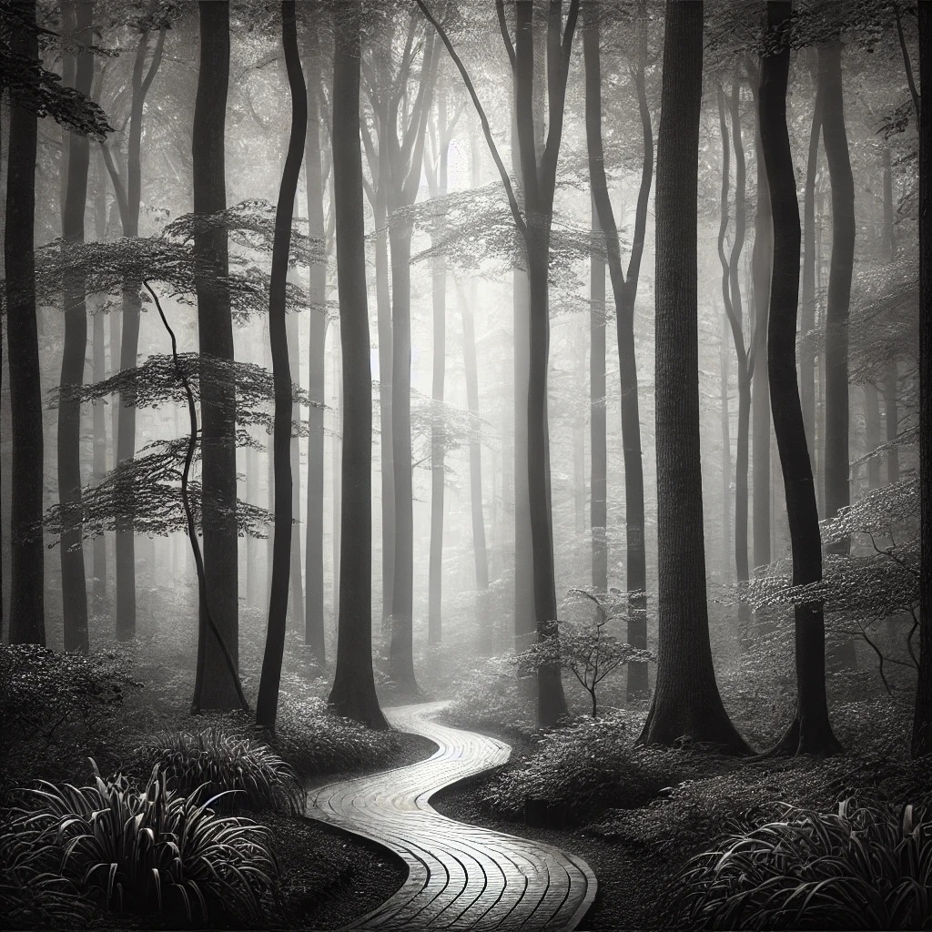 A serene forest scene in black and white, featuring a pathway winding through ta...